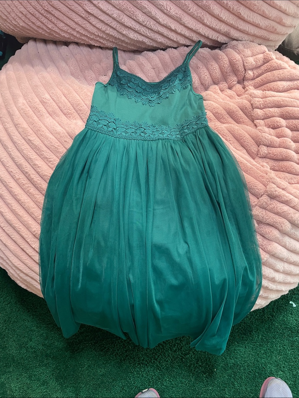 Girls' Emerald Green Lace Bodice Tulle Dress